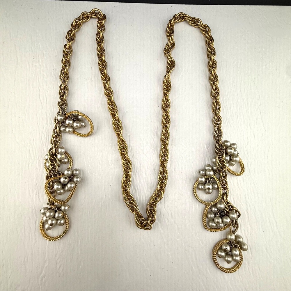 Vintage Estate Lariat Necklace Gold Tone Faux Pearl Beaded 34in